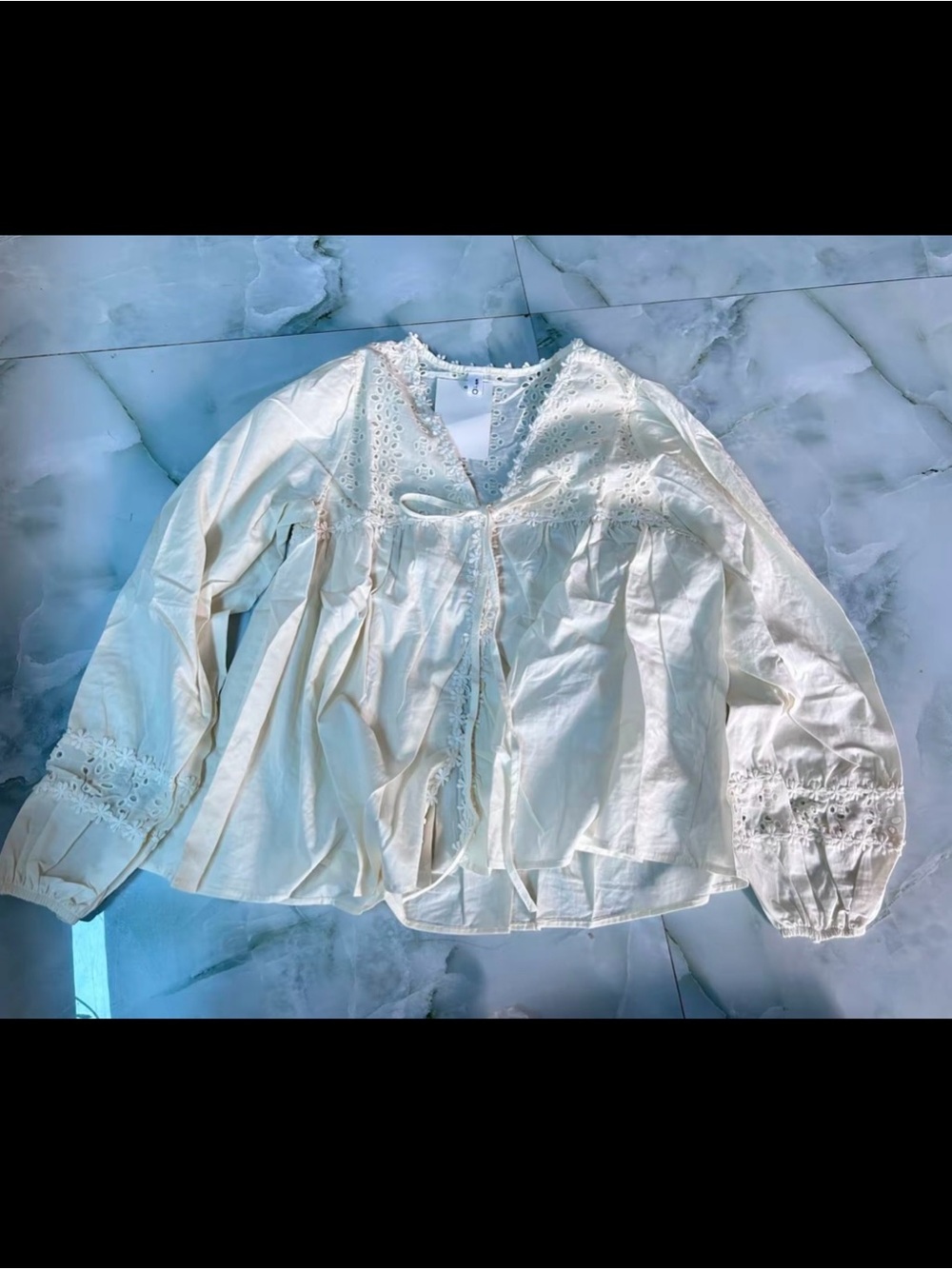 Cream Lace-Trim Peasant with Tie Front